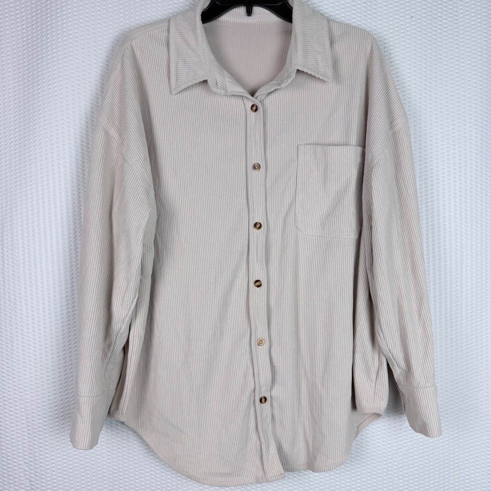 Womens‎ Beige Ribbed Corduroy Oversized Button Down Shacket Shirt Large L